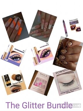9pc Beauty Bundle: Rhinestone Lashes, Press-On Nails, Glitter Liners & Pigment